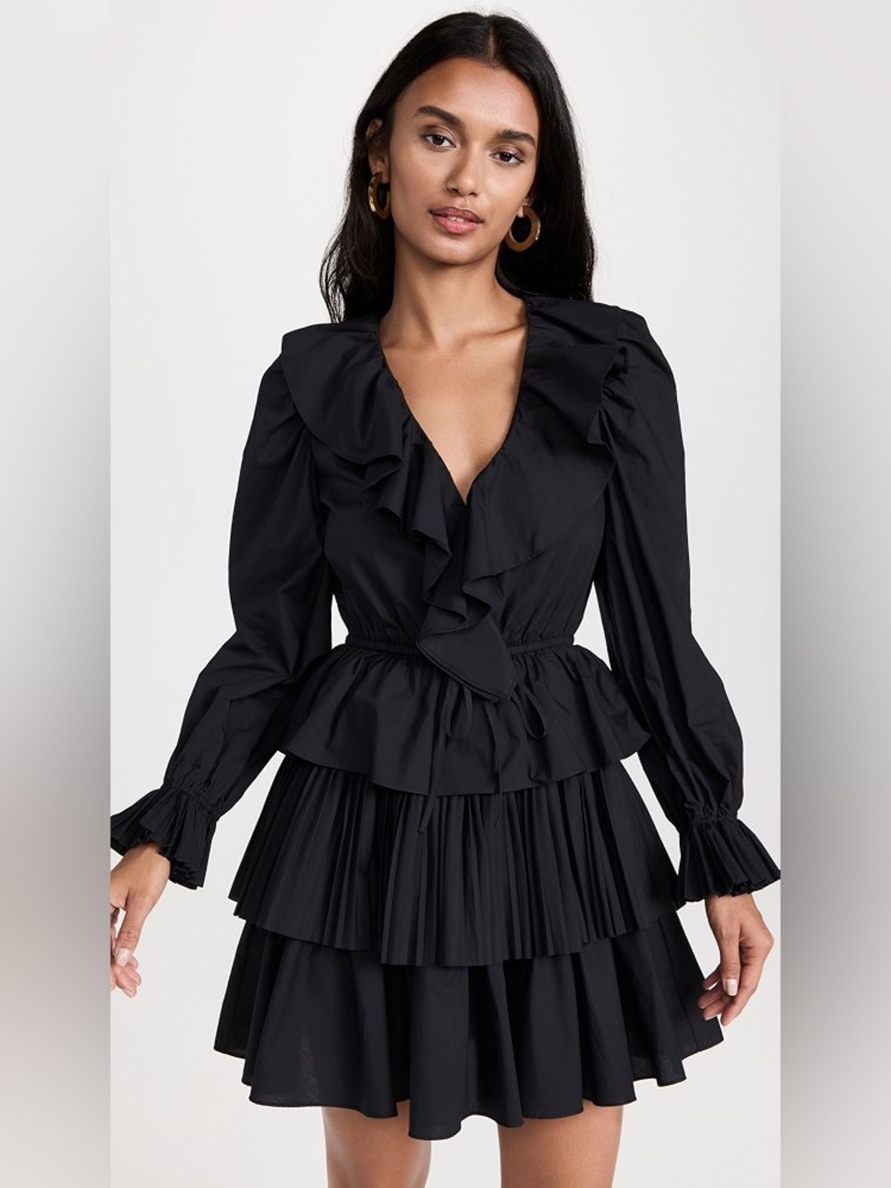 Women’s ULLA JOHNSON Black tiered ruffle Lola dress- long sleeve. Size 6